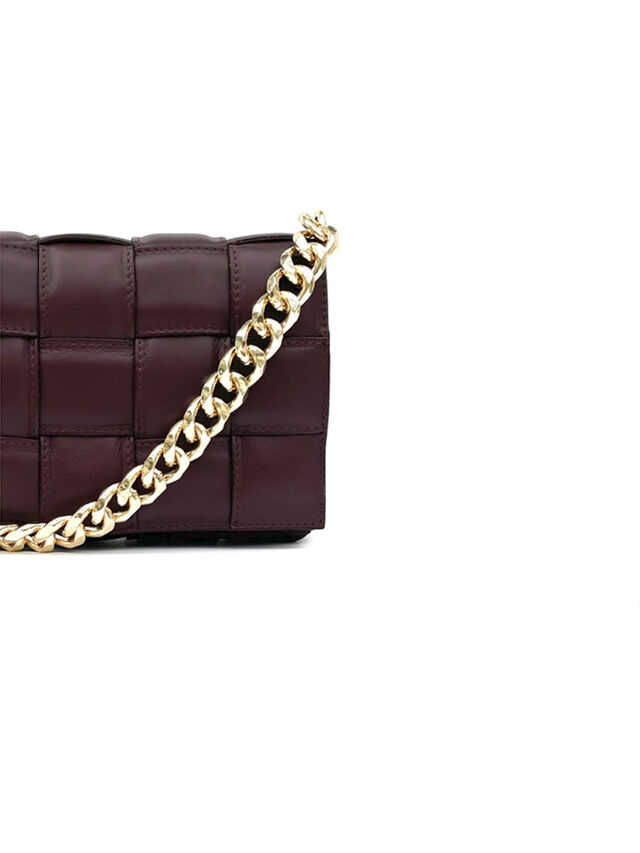 Burgundy Padded Woven Leather Cross-Body Bag With Gold Chain Strap